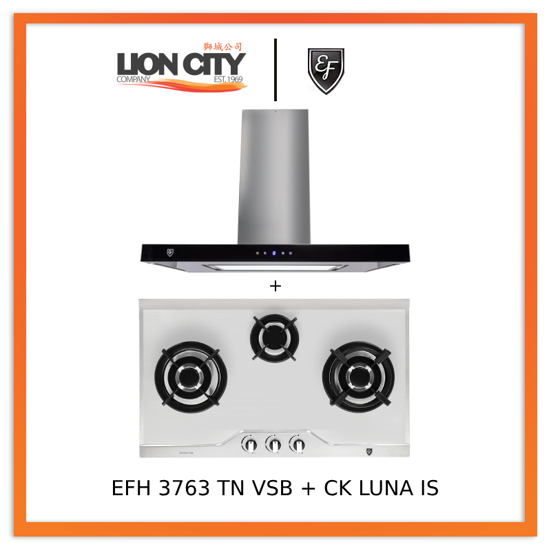 EF CK LUNA IS 90cm Island Hood + EF EFH 3763 TN VSB 78cm Built in Stainless Steel Gas Hob