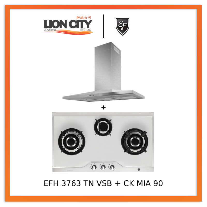 EF CK-Mia 90 90 cm Stainless Steel Chimney hood + EF EFH 3763 TN VSB 78cm Built in Stainless Steel Gas Hob