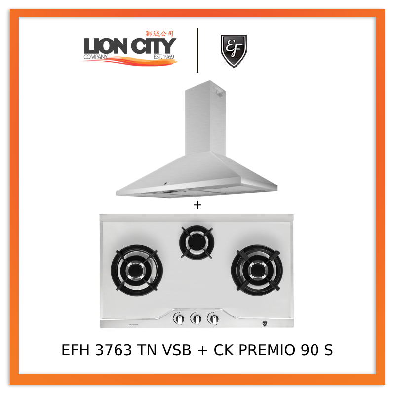 EF CK Premio 90 Chimney Hood + EF EFH 3763 TN VSB 78cm Built in Stainless Steel Gas Hob