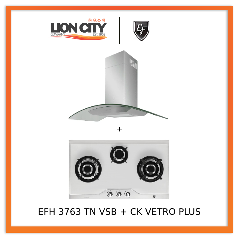 EF EFH 3763 TN VSB 78cm Built in Stainless Steel Gas Hob + CK VETRO PLUS Cooker Hood 90CM