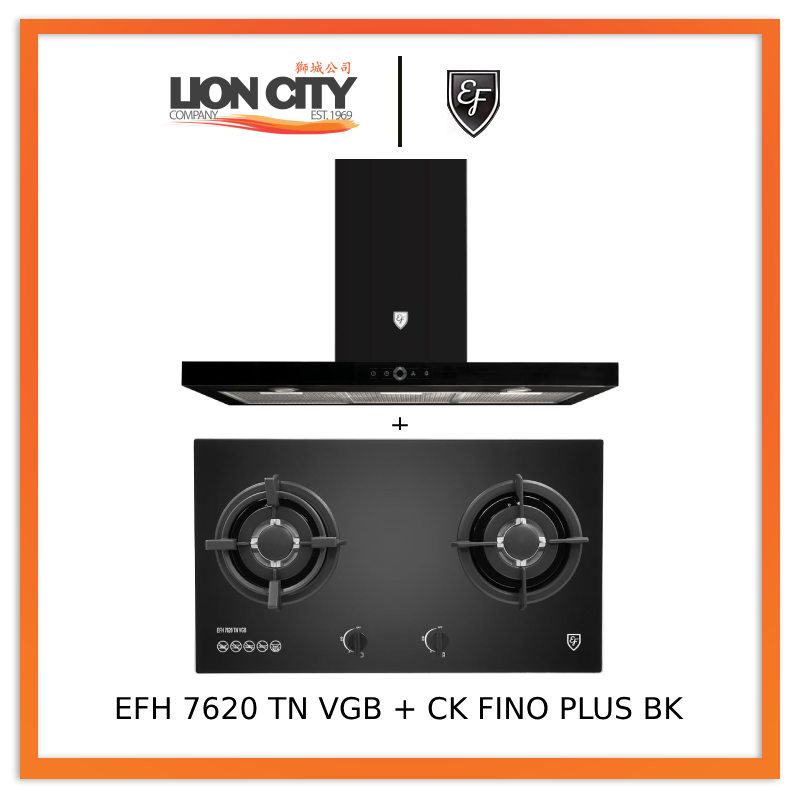 EF 90cm Chimney Hood CK FINO PLUS BK + EF EFH 7620 TN VGB Glass Hob EFH7620TNVGB