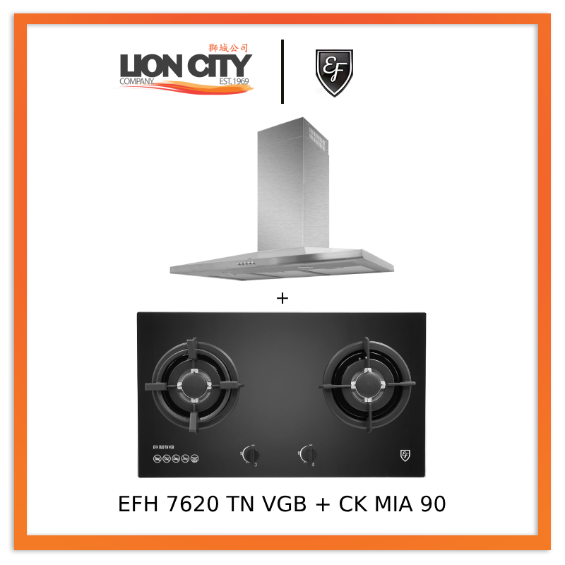 EF CK-Mia 90 90 cm Stainless Steel Chimney hood + EF EFH 7620 TN VGB Glass Hob EFH7620TNVGB