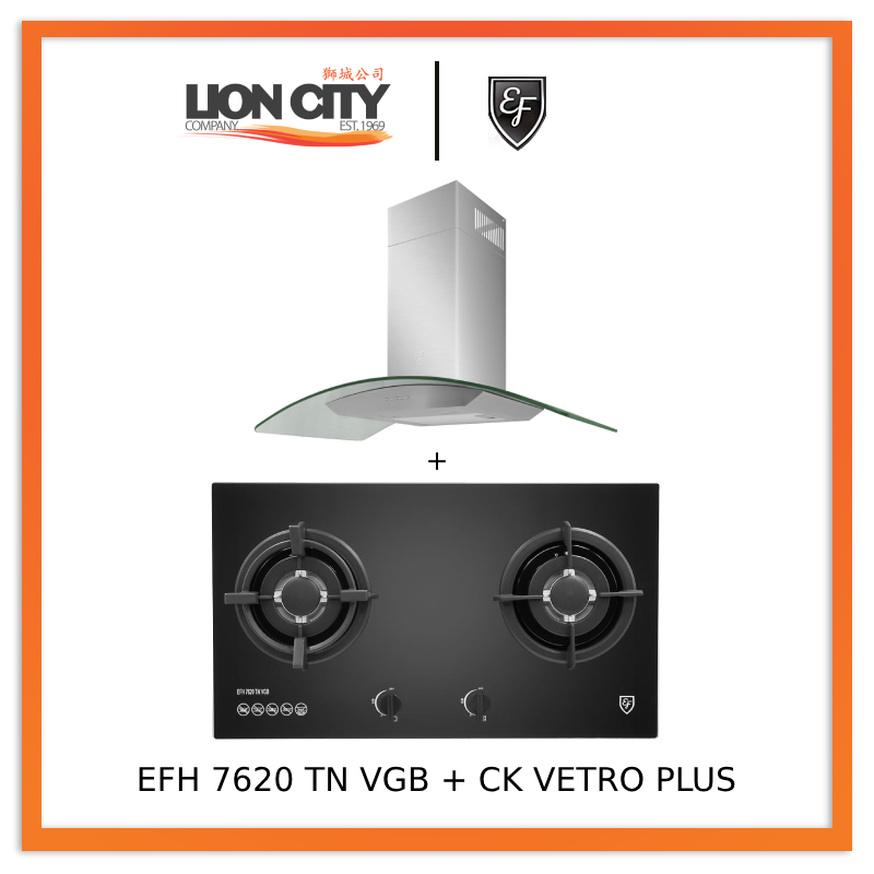 EF 90 CM Chimney Cooker Hood CK-Vetro Plus + EF EFH 7620 TN VGB Glass Hob EFH7620TNVGB