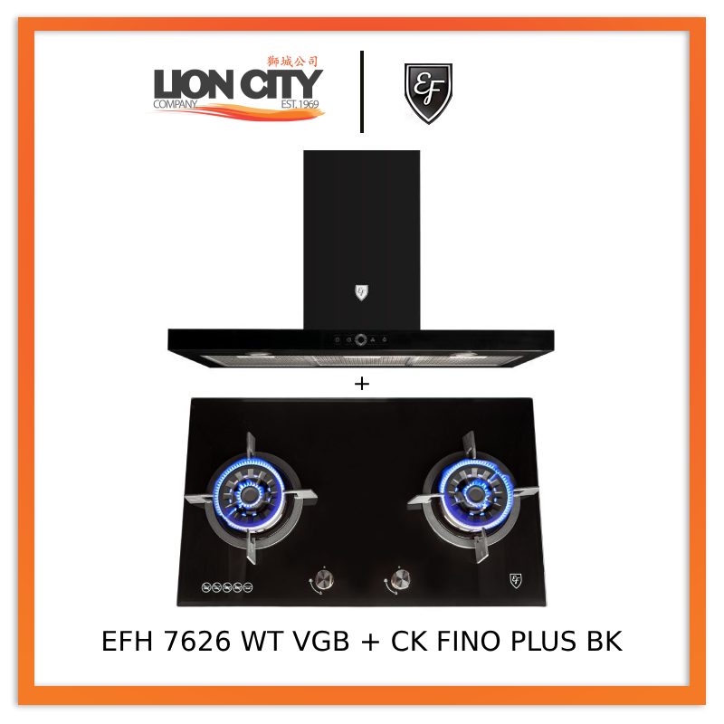 EF 90cm Chimney Hood CK FINO PLUS BK + EF EFH 7626 WT VGB 78 cm, 2 Wok Burners Gas Built in Hob