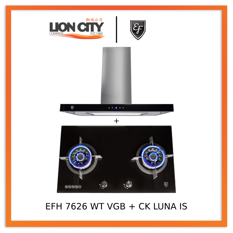 EF CK LUNA IS 90cm Island Hood + EF EFH 7626 WT VGB 78 cm, 2 Wok Burners Gas Built in Hob