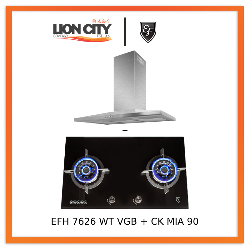 EF CK-Mia 90 90 cm Stainless Steel Chimney hood + EF EFH 7626 WT VGB 78 cm, 2 Wok Burners Gas Built in Hob