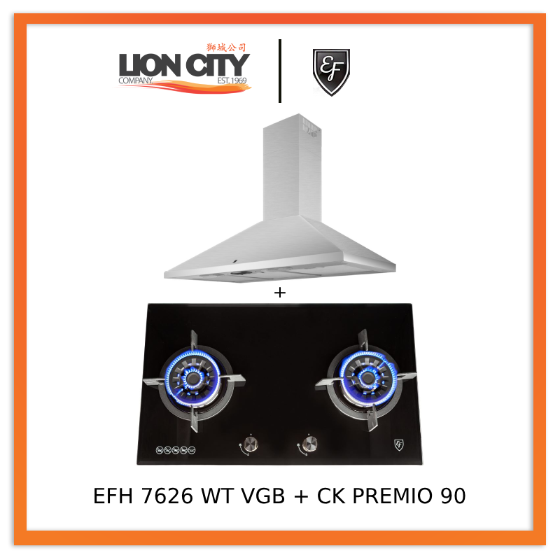 EF CK Premio 90 Chimney Hood + EF EFH 7626 WT VGB 78 cm, 2 Wok Burners Gas Built in Hob