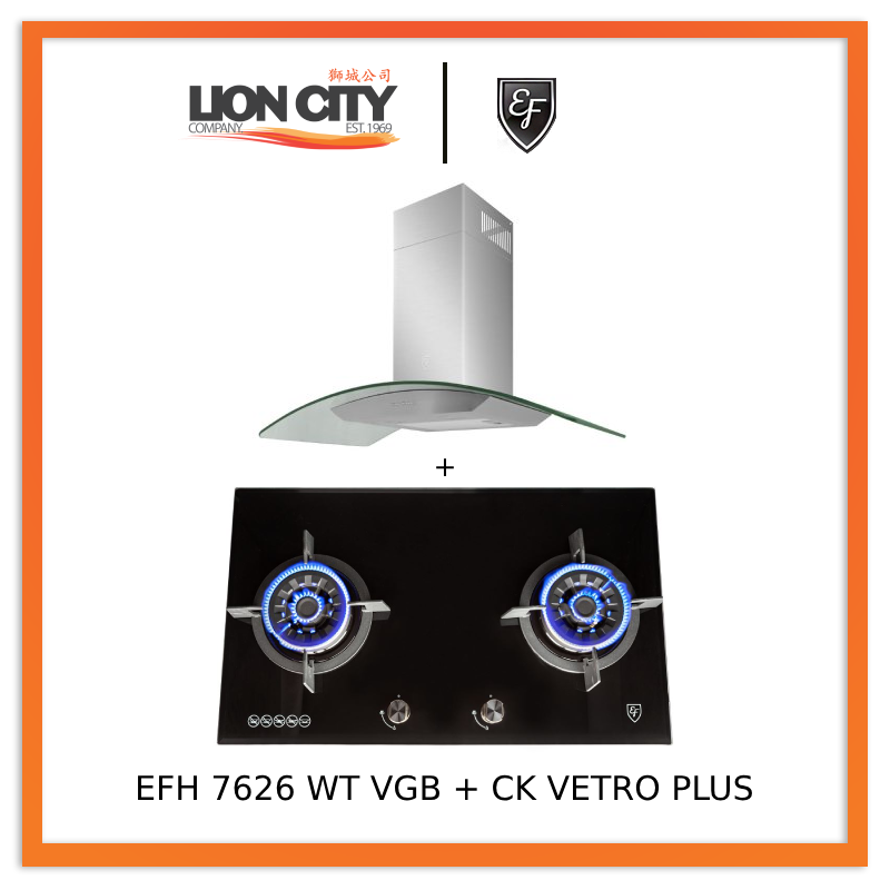 EF 90 CM Chimney Cooker Hood CK-Vetro Plus + EF EFH 7626 WT VGB 78 cm, 2 Wok Burners Gas Built in Hob