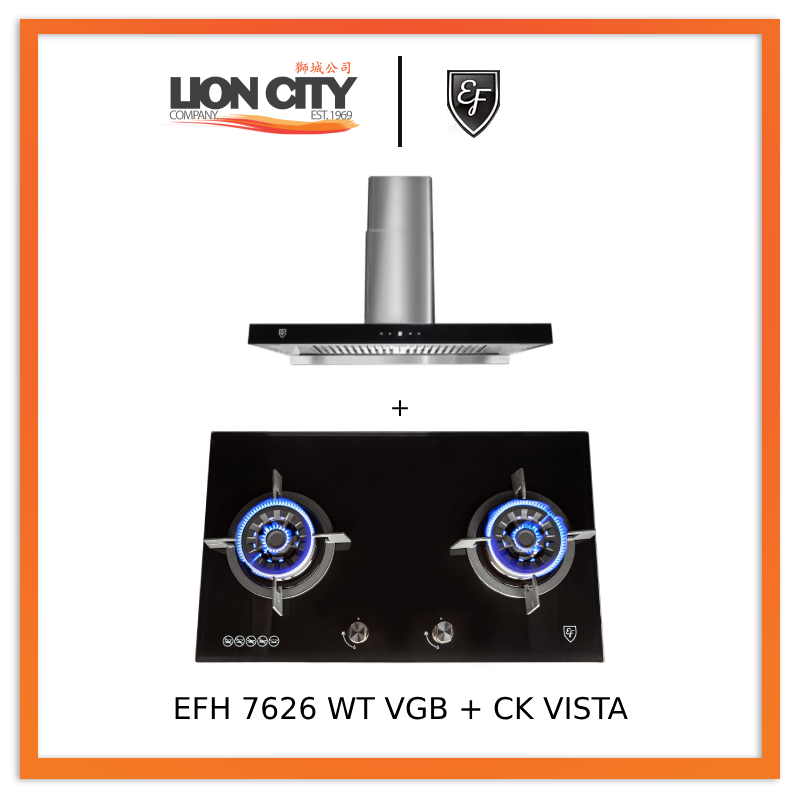 EF EFH 7626 WT VGB 78 cm, 2 Wok Burners Gas Built in Hob + CK VISTA Cooker Hood 90CM