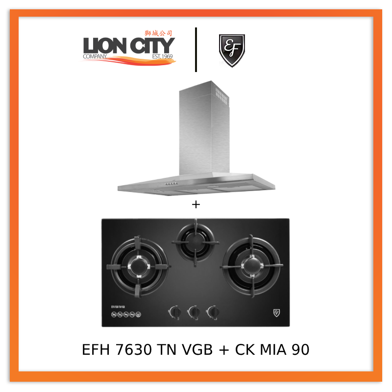 EF CK-Mia 90 90 cm Stainless Steel Chimney hood + EF EFH 7630 TN VGB Glass Hob EFH7630TNVGB