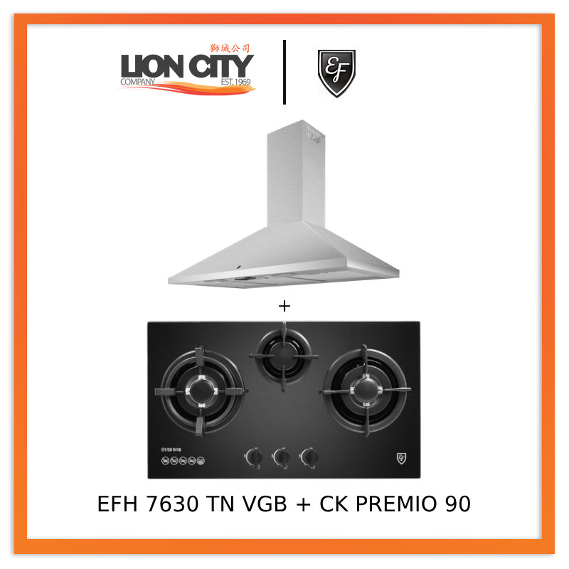 EF CK Premio 90 Chimney Hood + EF EFH 7630 TN VGB Glass Hob EFH7630TNVGB