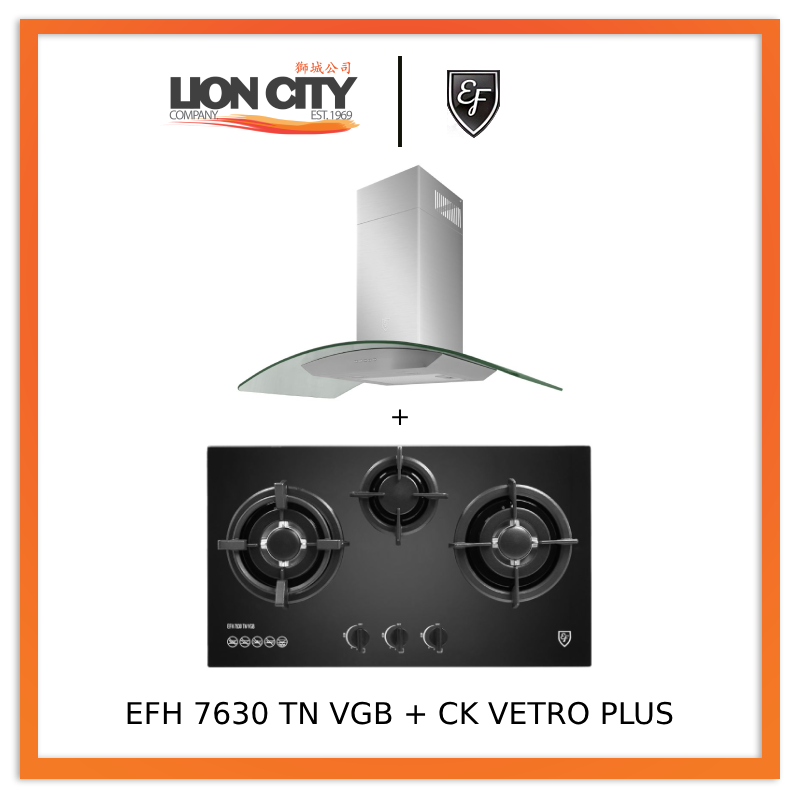 EF 90 CM Chimney Cooker Hood CK-Vetro Plus + EF EFH 7630 TN VGB Glass Hob EFH7630TNVGB