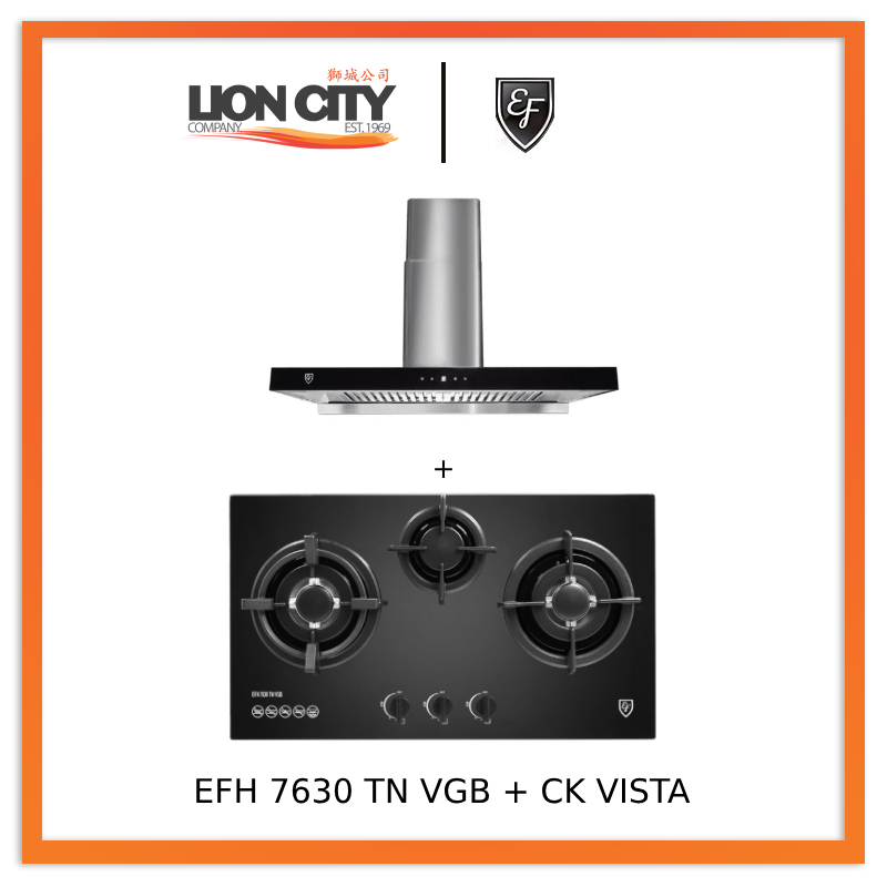 EF EFH 7630 TN VGB Glass Hob EFH7630TNVGB + CK VISTA Cooker Hood 90CM