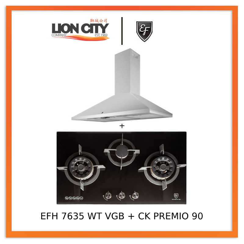 EF CK Premio 90 Chimney Hood + EF 78cm Gas Hob 3 Brass Burners EFH 7635 WT VGB