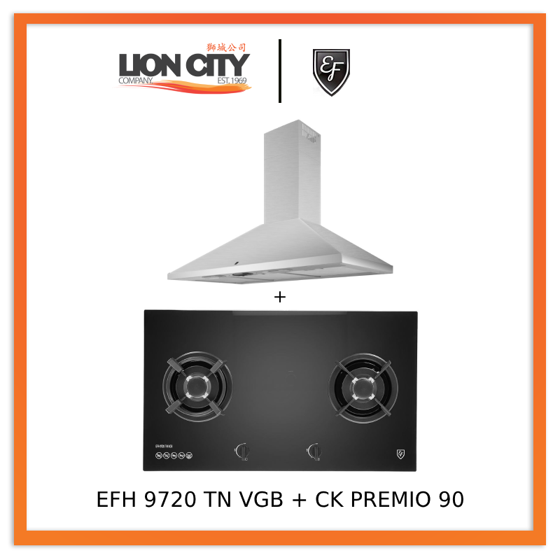 EF CK Premio 90 Chimney Hood + EF EFH 9720 TN VGB Glass Hob EFH9720TNVGB