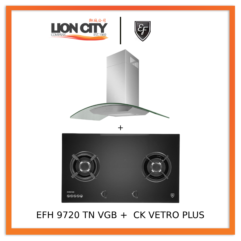 EF 90 CM Chimney Cooker Hood CK-Vetro Plus + EF EFH 9720 TN VGB Glass Hob EFH9720TNVGB