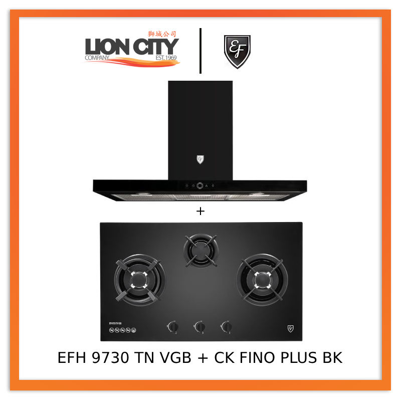 EF EFH 9730 TN VGB 3 Burners Built-In Glass Hob + EF 90cm Chimney Hood CK FINO PLUS BK