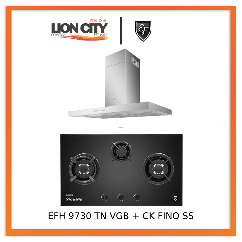 EF 90cm Chimney Hood CK-Fino SS + EF EFH 9730 TN VGB 3 Burners Built-In Glass Hob