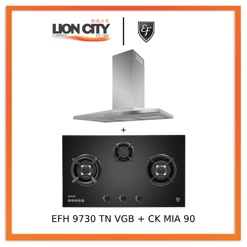 EF CK-Mia 90 90 cm Stainless Steel Chimney hood + EF EFH 9730 TN VGB 3 Burners Built-In Glass Hob