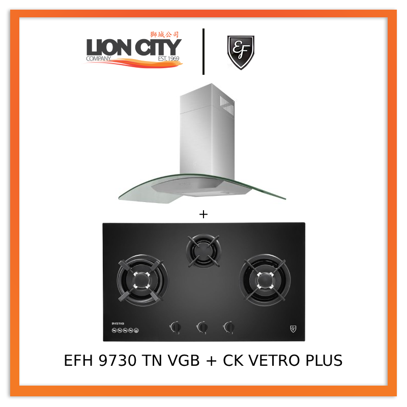 EF 90 CM Chimney Cooker Hood CK-Vetro Plus + EF EFH 9730 TN VGB 3 Burners Built-In Glass Hob