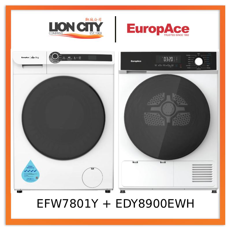 Europace EFW7801Y 3D Steam Front Load Washing Machine 8Kg + EuropAce EDY8900EWH 9KG Heat Pump Dryer 5 Ticks - Lion City Company