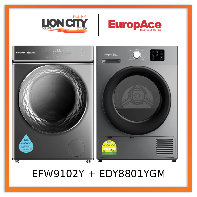 EuropAce EFW 9102Y 10 Kg Front Load Washing Machine + Europace EDY8801YGM Heat Pump Dryer 8Kg