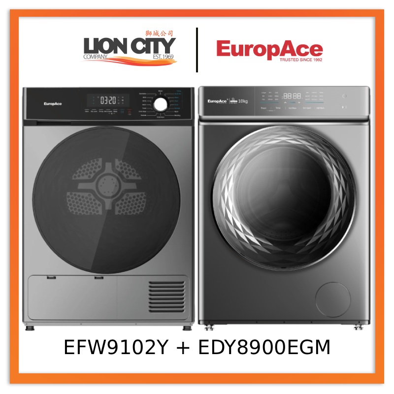 EuropAce EFW 9102Y 10 Kg Front Load Washing Machine + EuropAce EDY8900EGM 9KG Heat Pump Dryer 5 Ticks - Lion City Company