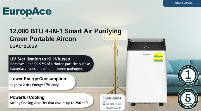 EuropAce EGAC12E8UV 12,000 BTU 4-IN-1 Smart Air Purifying Green Portable Aircon
