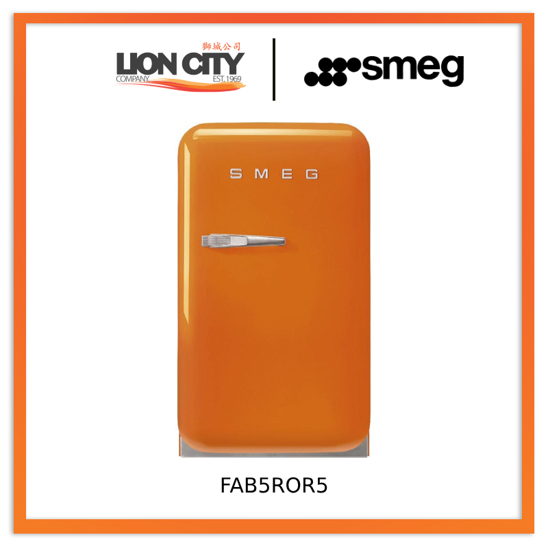 Smeg FAB5ROR5 Free Standing Refrigerator One Door, Orange 50's Style Aesthetic
