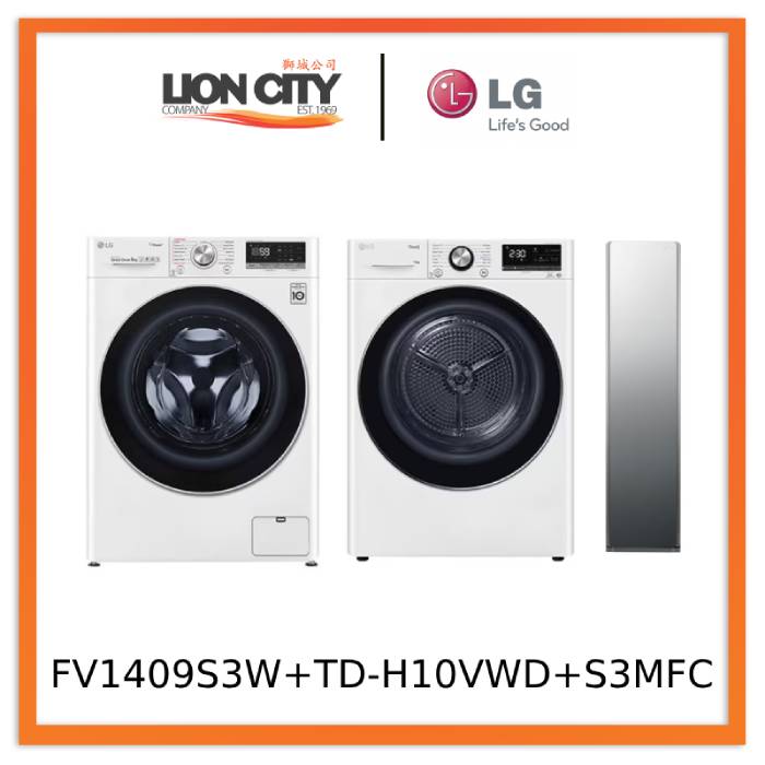LG FV1409S3W 9KG Front Load Washing Machine+LG TD-H10VWD 10KG, Dual Inverter Heat Pump dryer+LG S3MFC Styler