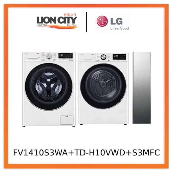 LG FV1410S3WA 10kg Front Load Washer + TD-H10VWD 10kg Dual Inverter Heat Pump dryer + LG S3MFC Styler