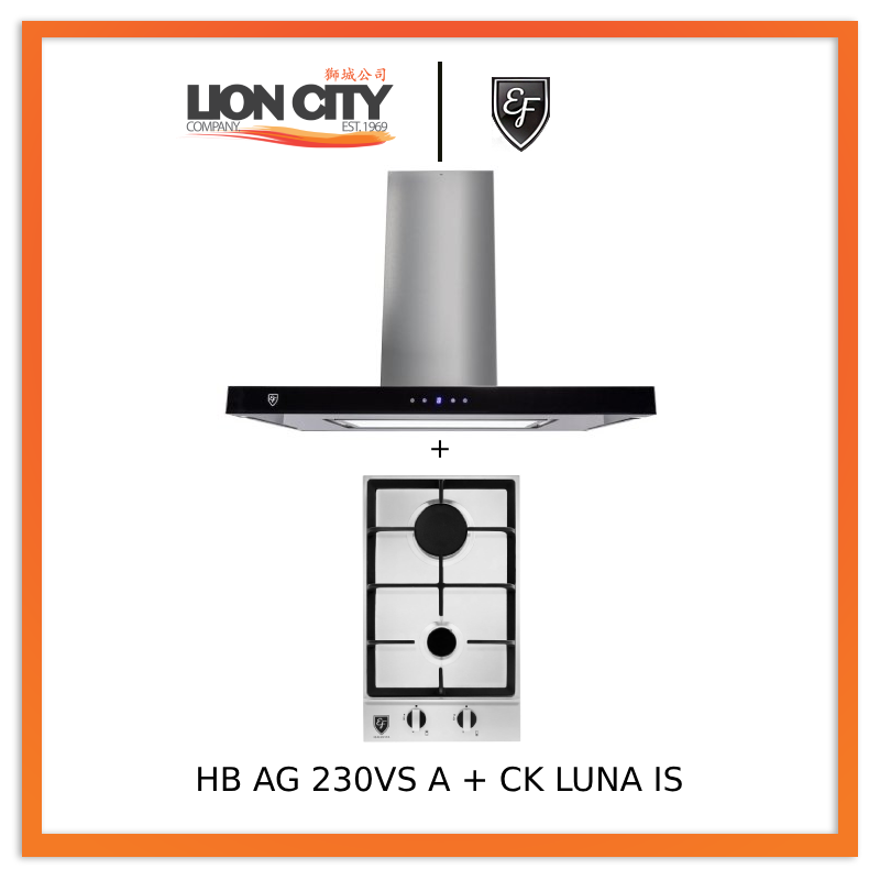 EF CK LUNA IS 90cm Island Hood + EF HB AG 230VS A 30cm Built in Stainless Steel Gas Hob