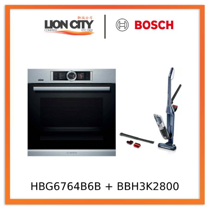 Bosch HBG6764B6B Built in Oven (71L) + Bosch BBH3K2800 Handstick Vacuum