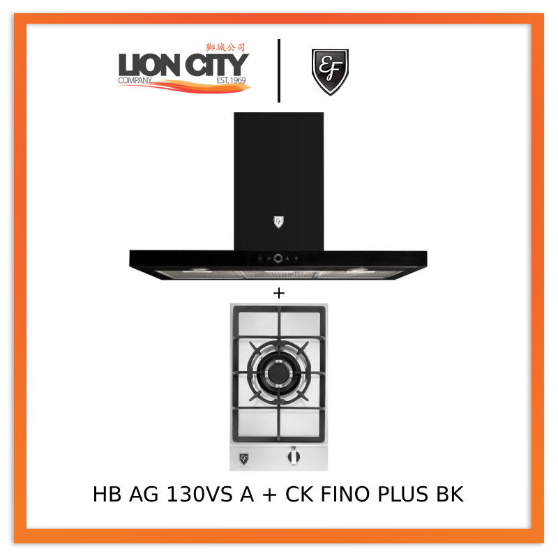 EF 90cm Chimney Hood CK FINO PLUS BK + EF HB AG 130VS A 30cm Built in Stainless Steel Gas Hob