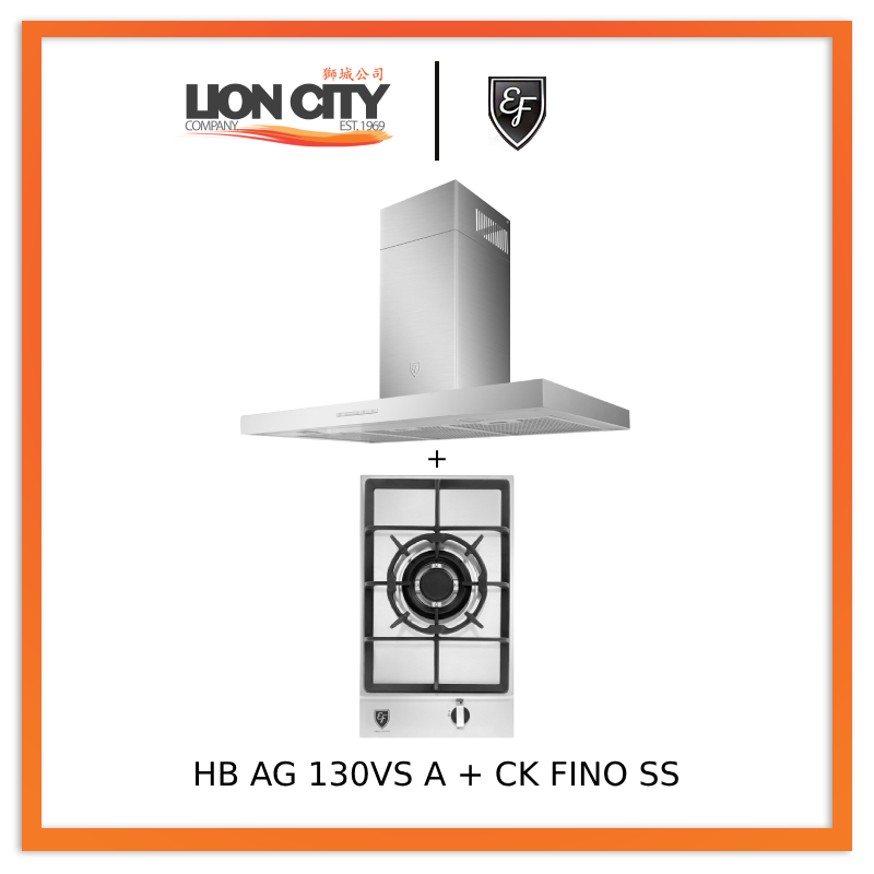 EF 90cm Chimney Hood CK-Fino SS + EF HB AG 130VS A 30cm Built in Stainless Steel Gas Hob