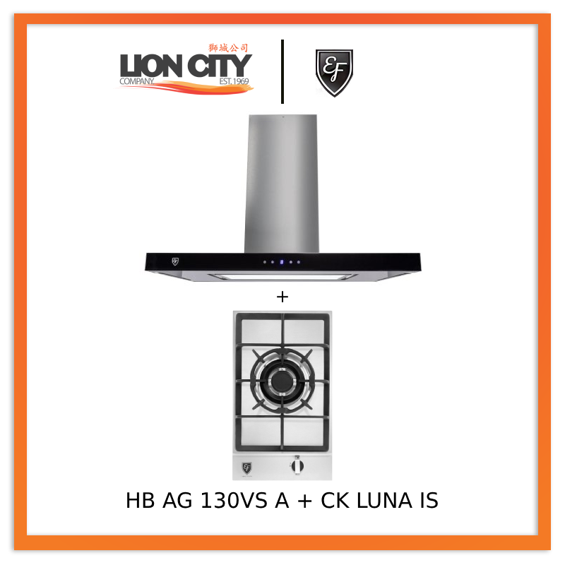 EF CK LUNA IS 90cm Island Hood + EF HB AG 130VS A 30cm Built in Stainless Steel Gas Hob