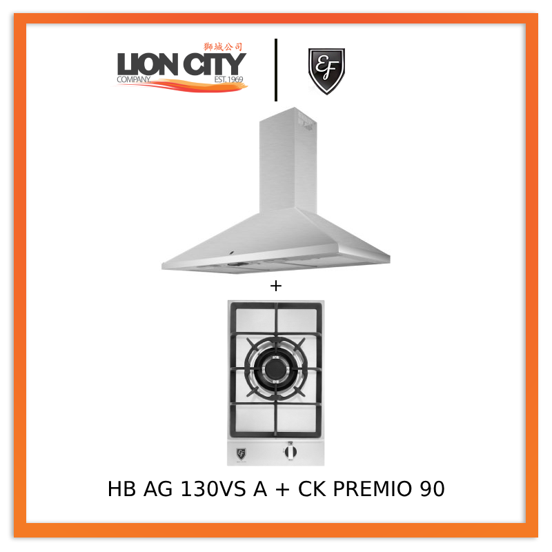 EF CK Premio 90 Chimney Hood + EF HB AG 130VS A 30cm Built in Stainless Steel Gas Hob