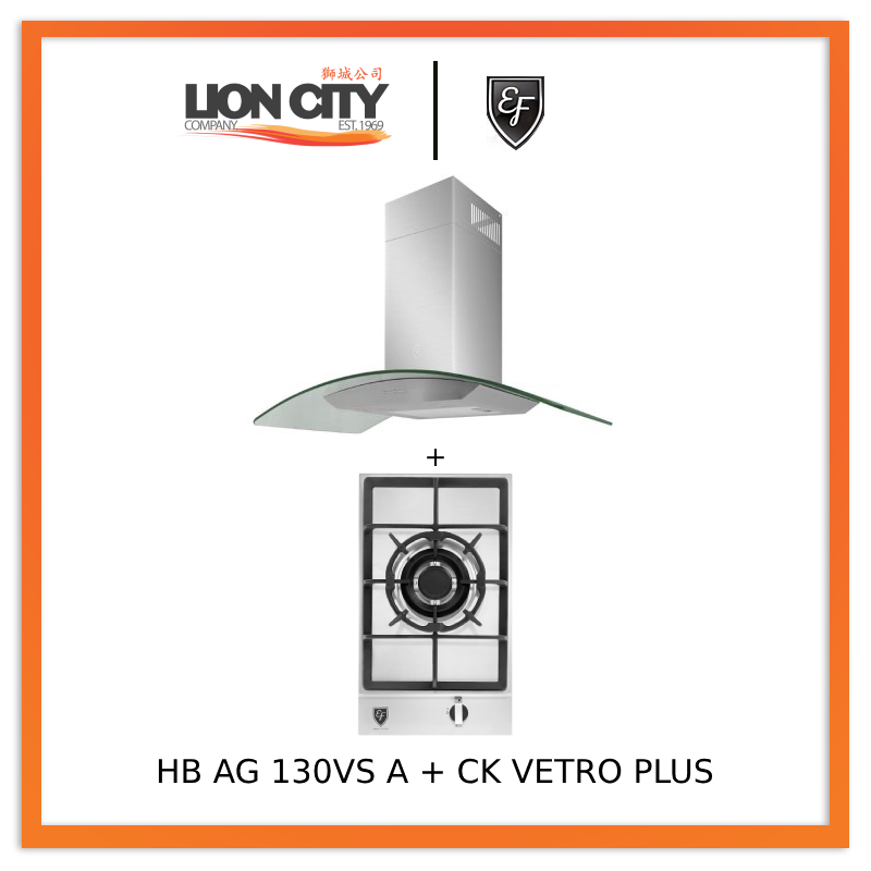 EF 90 CM Chimney Cooker Hood CK-Vetro Plus + EF HB AG 130VS A 30cm Built in Stainless Steel Gas Hob