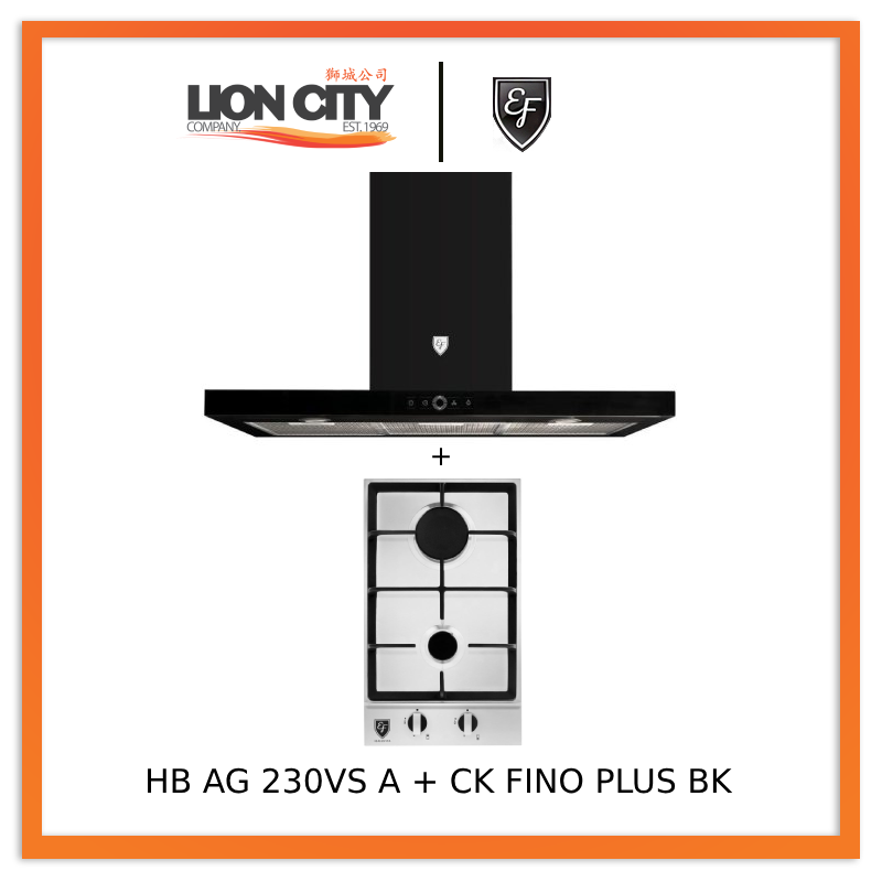 EF 90cm Chimney Hood CK FINO PLUS BK + EF HB AG 230VS A 30cm Built in Stainless Steel Gas Hob