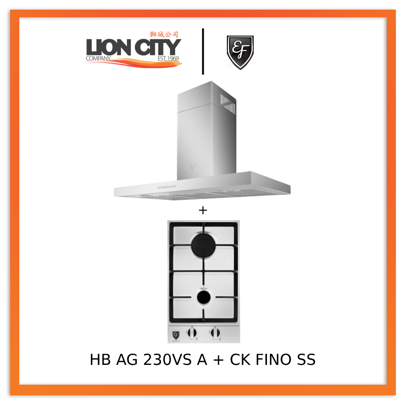 EF 90cm Chimney Hood CK-Fino SS + EF HB AG 230VS A 30cm Built in Stainless Steel Gas Hob