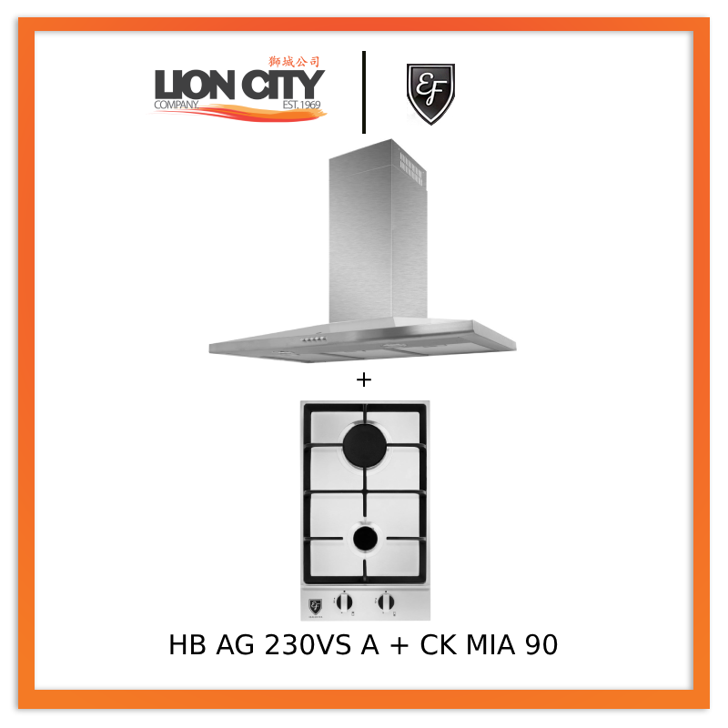 EF CK-Mia 90 90 cm Stainless Steel Chimney hood + EF HB AG 230VS A 30cm Built in Stainless Steel Gas Hob