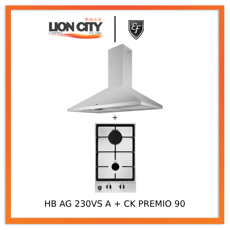 EF CK Premio 90 Chimney Hood + EF HB AG 230VS A 30cm Built in Stainless Steel Gas Hob