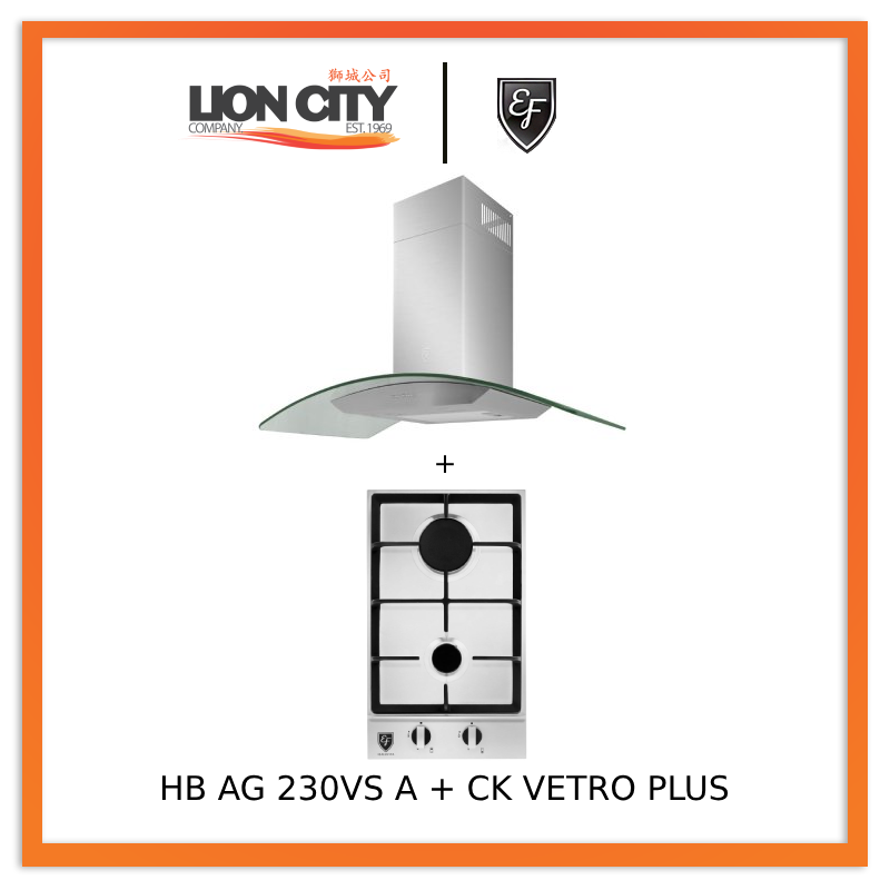 EF 90 CM Chimney Cooker Hood CK-Vetro Plus + EF HB AG 230VS A 30cm Built in Stainless Steel Gas Hob