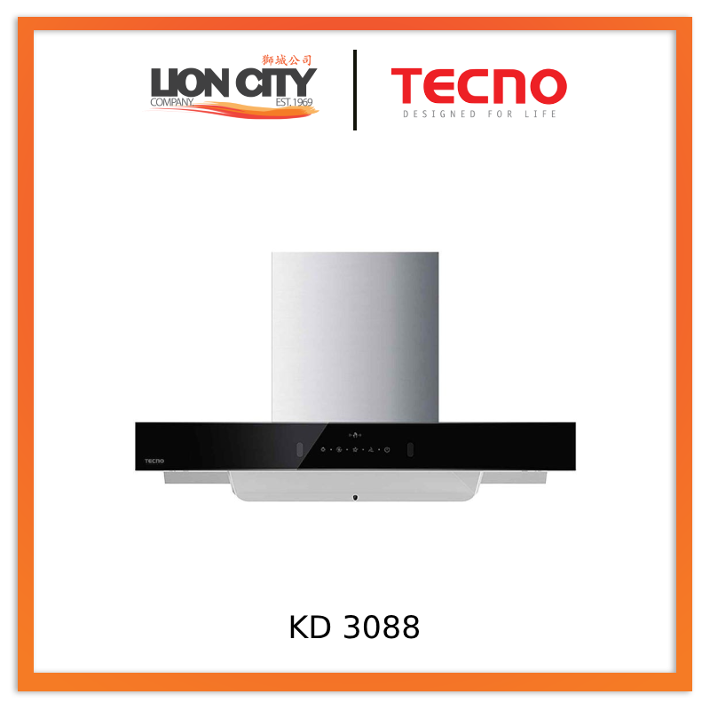 Tecno Uno KD 3088 Chimney Hood S/S w/ Black Panel 90cm, Touch Control with LED Display, Auto Clean