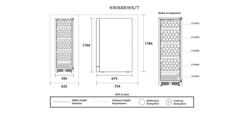 Kadeka KN168EWT 196 Bottles Wine Chiller Steel Series with 5 Wooden Shelves Glass Door
