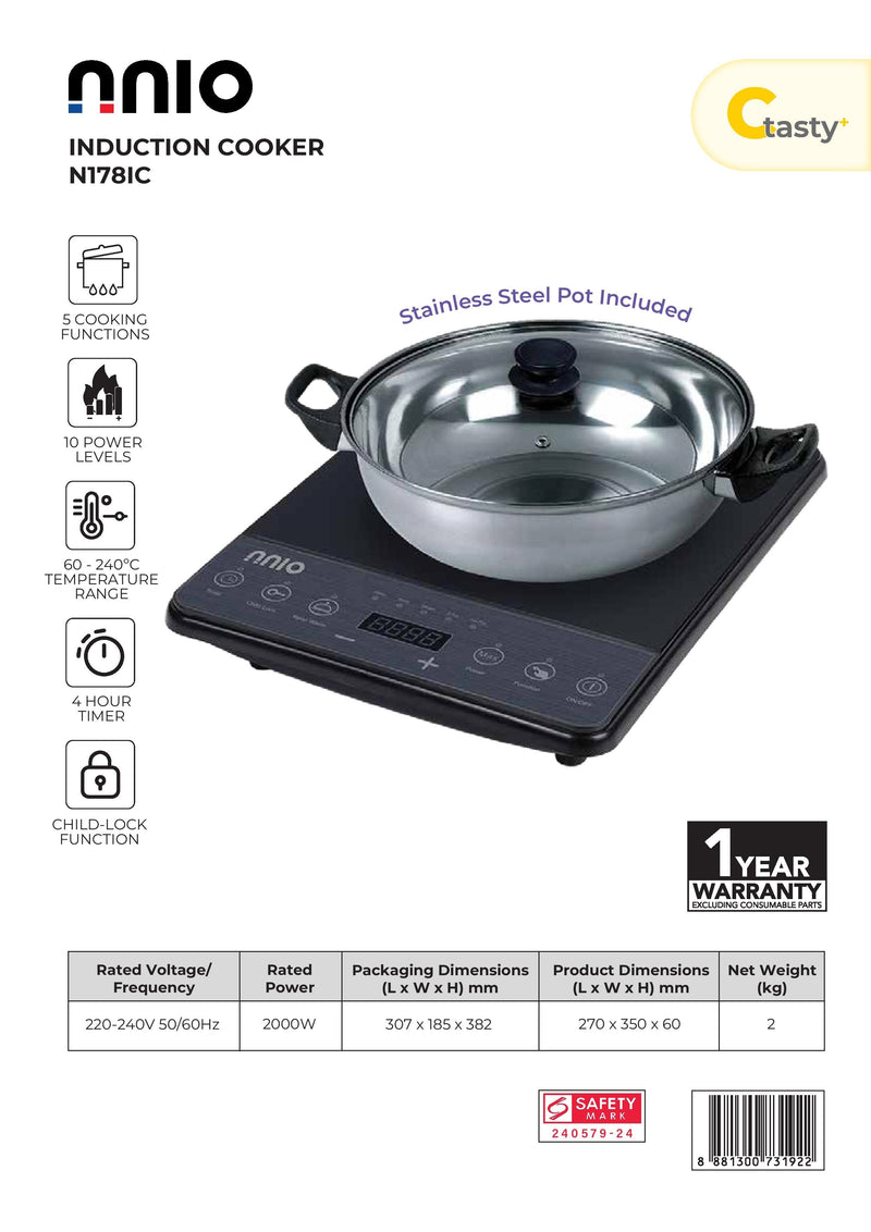 NNIO N178IC Induction Cooker with Stainless Steel Pot, 2000W