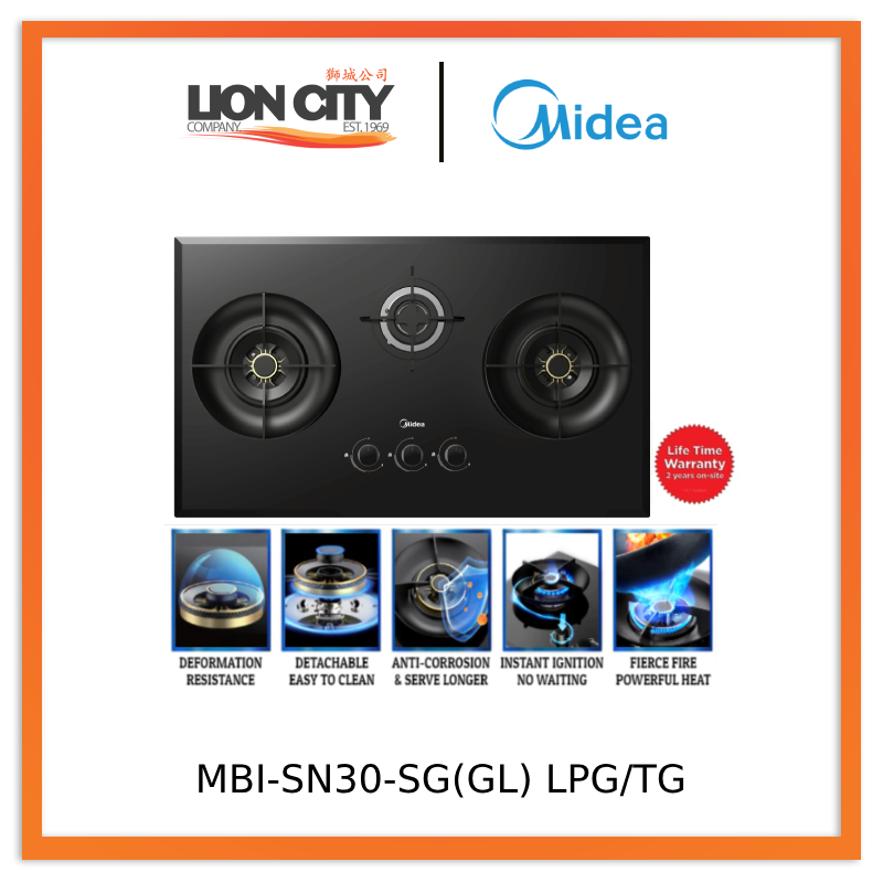 Midea MBI-SN30LPG-SG(GL)/MBI-SN30TG-SG(GL) 88cm Glass Gas Hob - Lion City Company