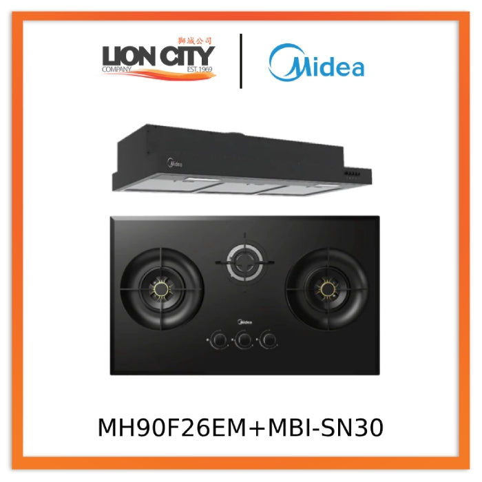 Midea Bulit-In Range MH90F26EM Hood Slim Under Cabinet Kitchen Hood + MBI-SN30 (GL) 88cm Glass Gas Hob