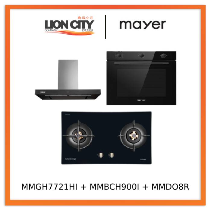 Mayer MMGH7721HI 76cm 2 Burner Glass Gas Hob + MMBCH900I Chimney Hood + MMDO8R 60 cm Built-in Oven with Smoke Ventilation