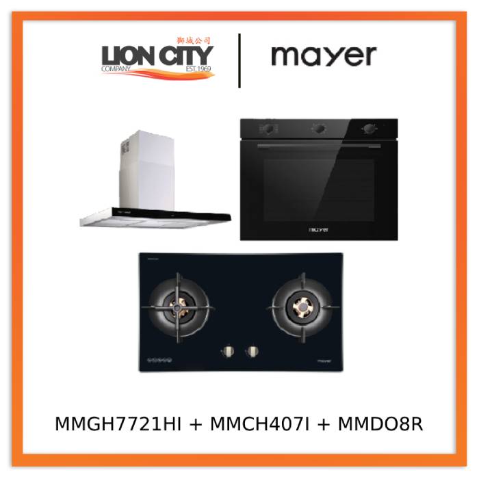 Mayer MMGH7721HI 76cm 2 Burner Glass Gas Hob + MMCH407I 90cm Chimney Hood + MMDO8R 60 cm Built-in Oven with Smoke Ventilation